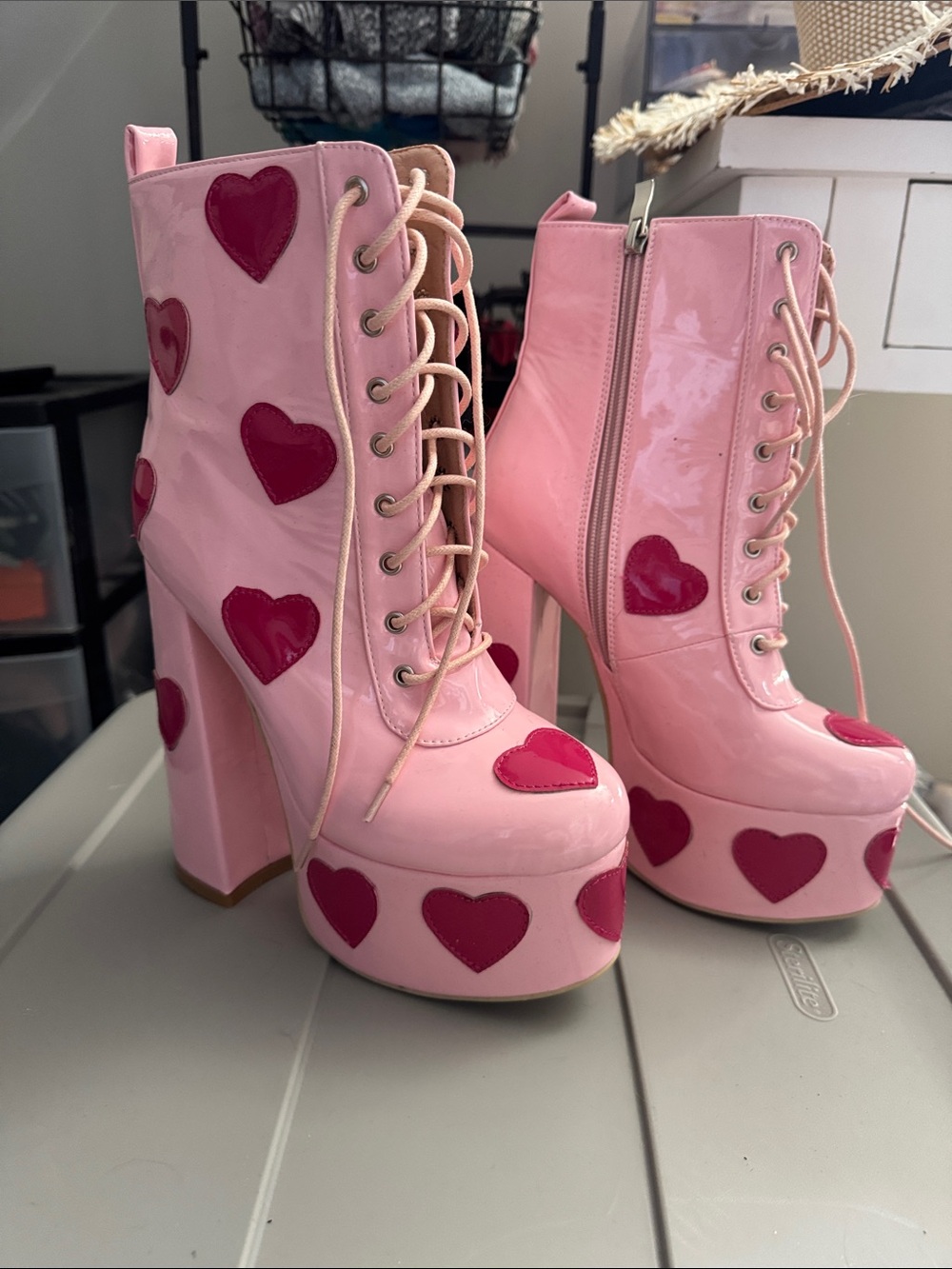 Dolls Kill Pink Heart Platform Lace-Up Ankle Boots